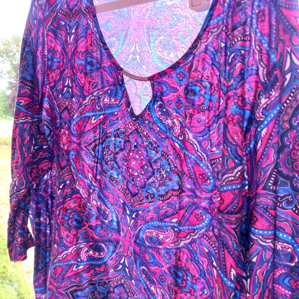 2x Catherines red white and blue paisley top with silver bar at the neck